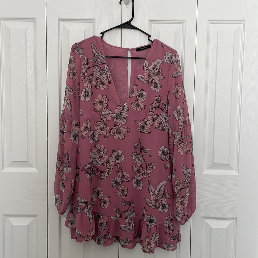 Forever 21 long sleeve pink floral boho mini dress medium - Picture 2 of 6
